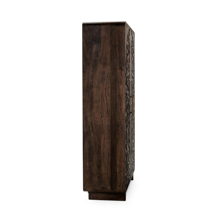 Tall Kona Brown Mango Wood Cabinet with Intricate Carvings