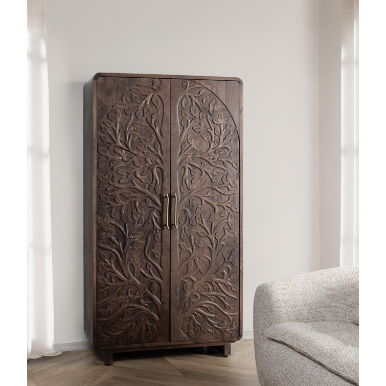 Tall Kona Brown Mango Wood Cabinet with Intricate Carvings