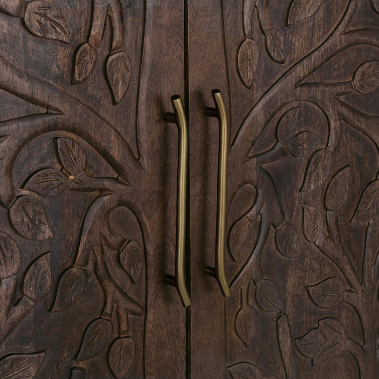 Tall Kona Brown Mango Wood Cabinet with Intricate Carvings
