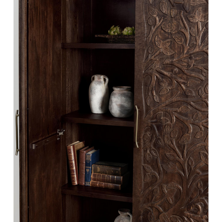 Tall Kona Brown Mango Wood Cabinet with Intricate Carvings