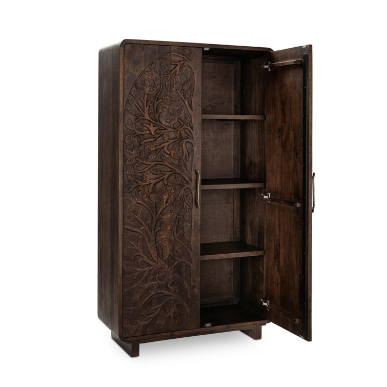 Tall Kona Brown Mango Wood Cabinet with Intricate Carvings