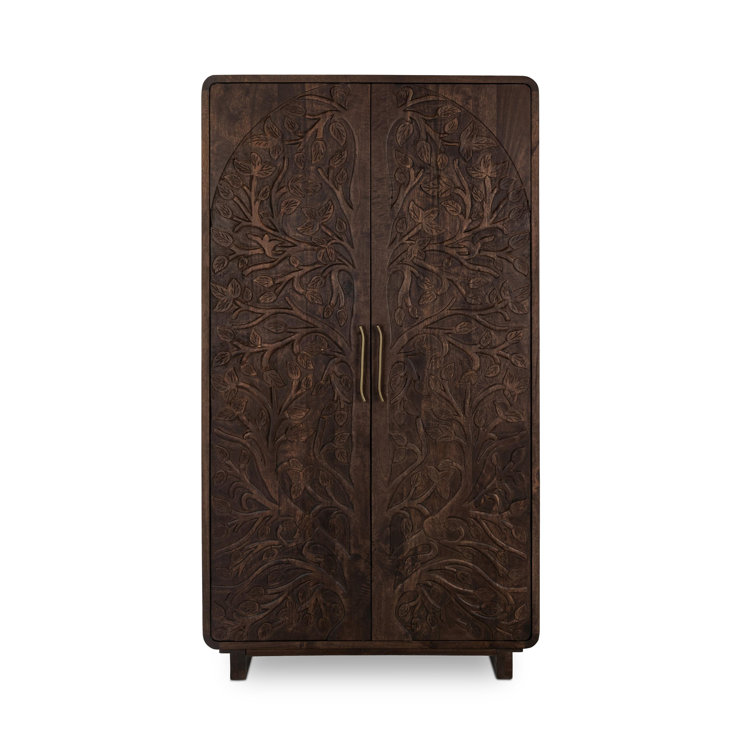 Tall Kona Brown Mango Wood Cabinet with Intricate Carvings
