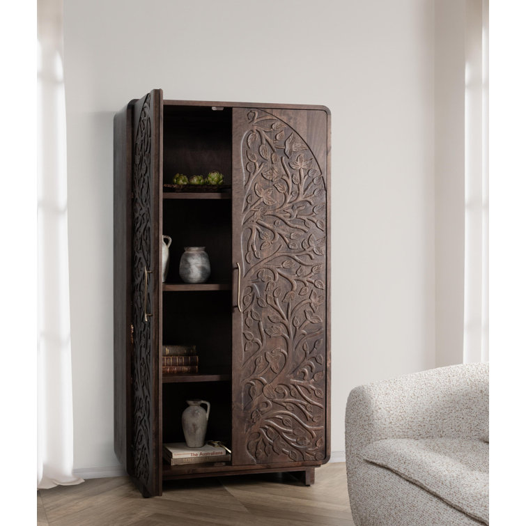 Tall Kona Brown Mango Wood Cabinet with Intricate Carvings