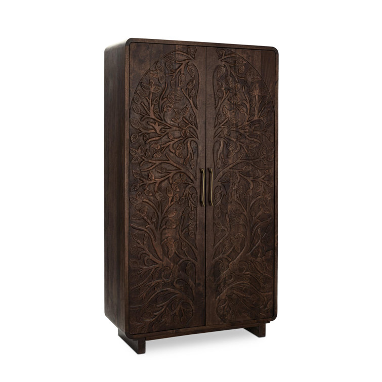 Tall Kona Brown Mango Wood Cabinet with Intricate Carvings