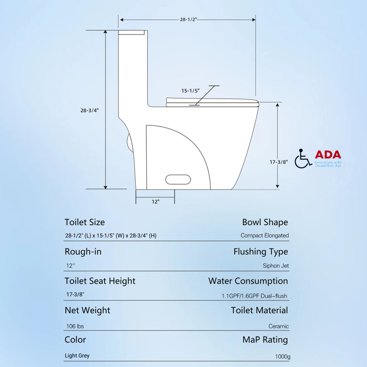 Light Gray Elongated Dual Flush One-Piece Toilet with Soft Closing Seat