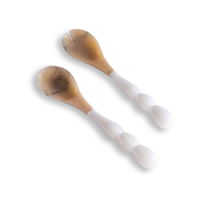White and Beige Resin Salad Servers with Stainless Steel Accents