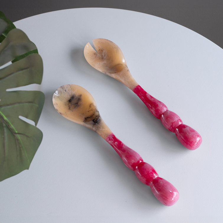 Pink and Beige Resin Salad Servers with Stainless Steel Handles