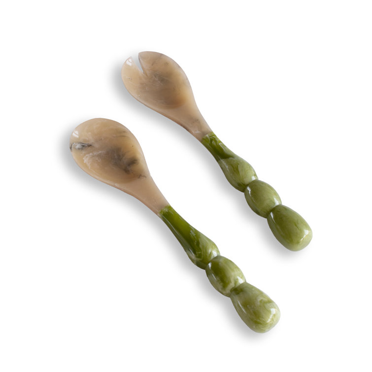 Green and Beige Resin Salad Servers with Stainless Steel Accents