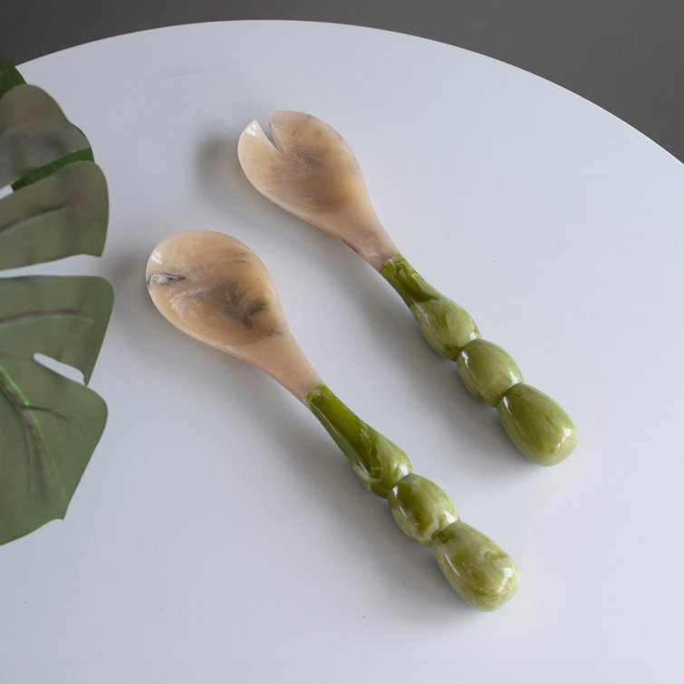 Green and Beige Resin Salad Servers with Stainless Steel Accents