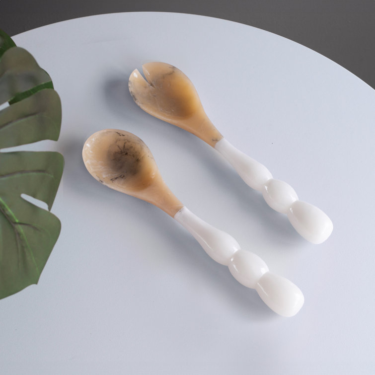White and Beige Resin Salad Servers with Stainless Steel Accents