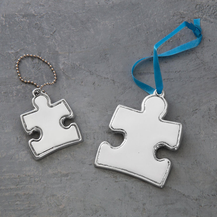 Small White and Silver Aluminum Puzzle Piece Ornament