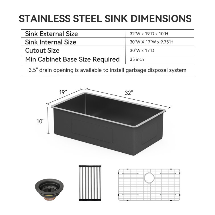 32" Gunmetal Black Stainless Steel Undermount Single Bowl Kitchen Sink