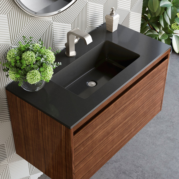 Mantova 35.4" Mid-Century Walnut and Charcoal Black Wall-Mount Vanity