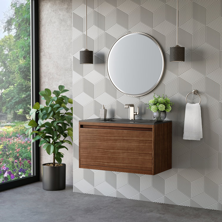 Mantova 35.4" Mid-Century Walnut and Charcoal Black Wall-Mount Vanity