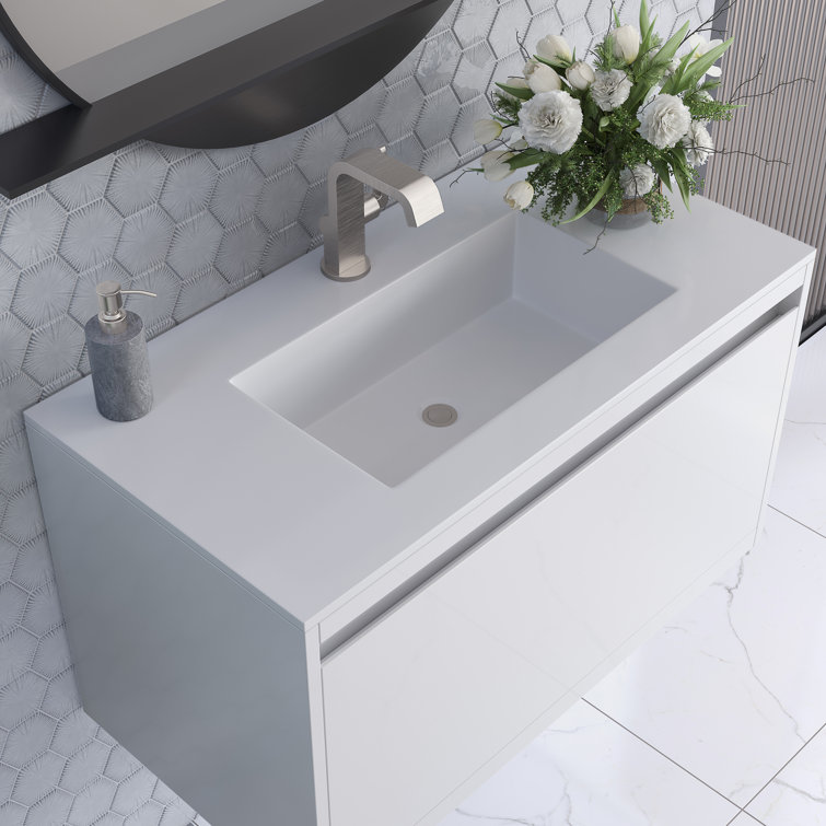 Glossy White 35.4" Wall-Mount Single Bathroom Vanity with Mineral Composite Sink