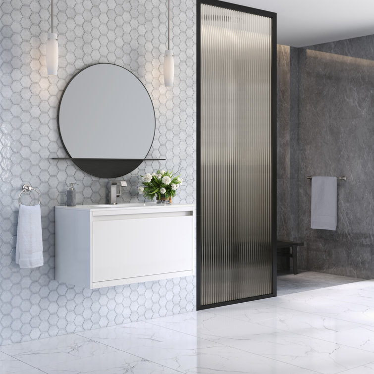 Glossy White 35.4" Wall-Mount Single Bathroom Vanity with Mineral Composite Sink