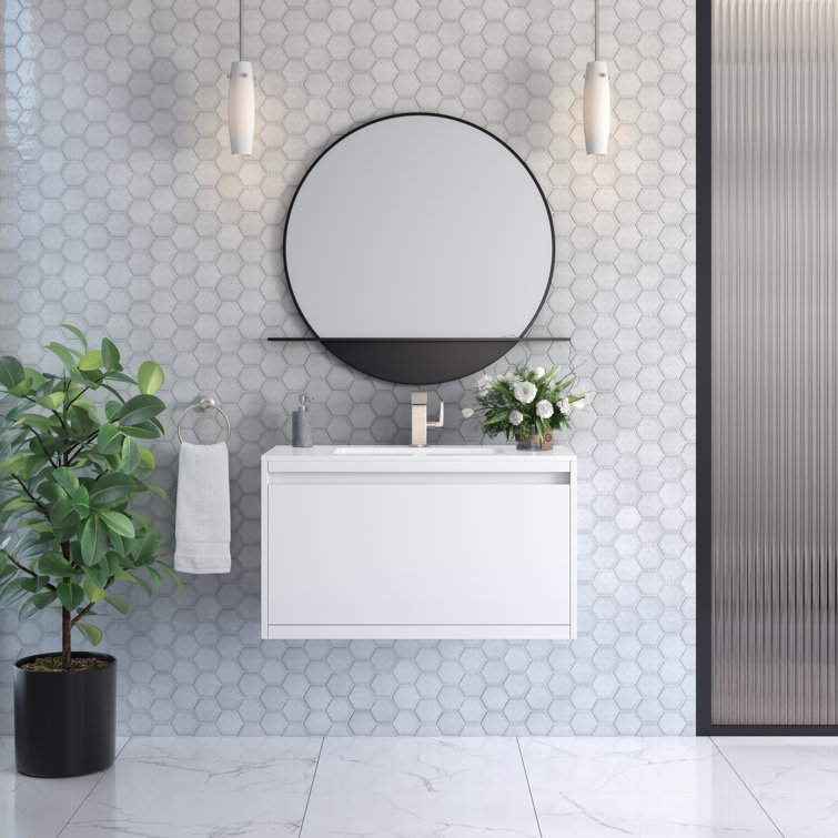 Glossy White 35.4" Wall-Mount Single Bathroom Vanity with Mineral Composite Sink