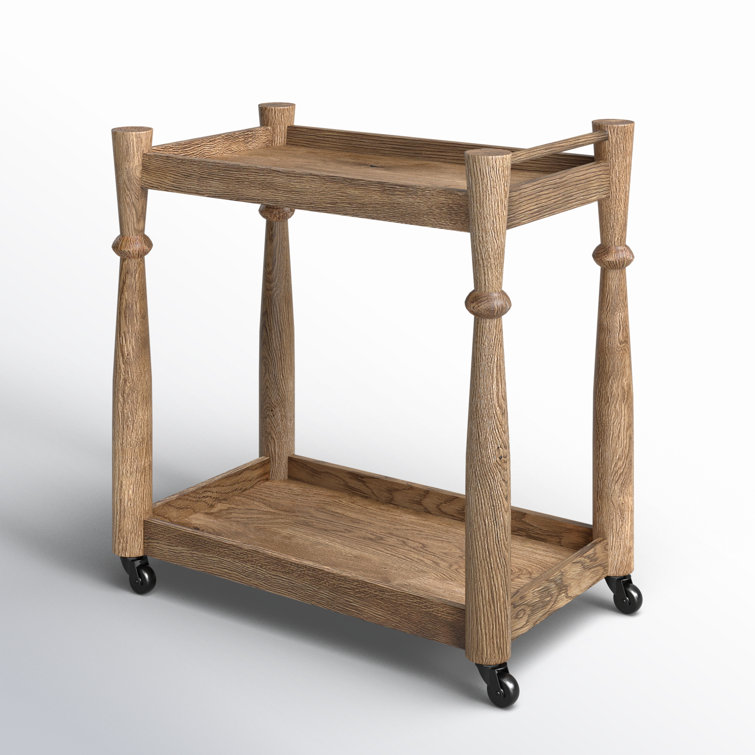 Light Wash Oak Bar Cart with Storage and Wheels