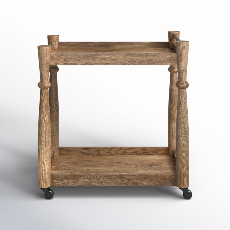 Light Brown Oak Wood Bar Cart with Shelves and Casters