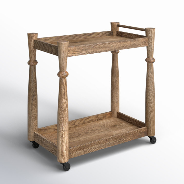 Light Wash Oak Bar Cart with Storage and Wheels