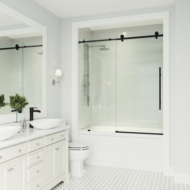 Matte Black Frameless Sliding Tub Door with Clear Glass