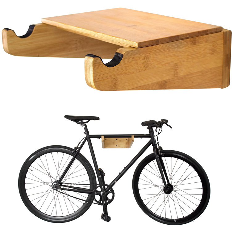 Polished Bamboo Wall Mount Bike Rack with Removable Shelf
