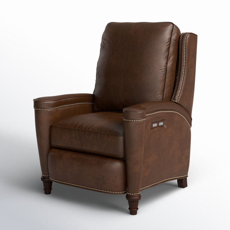 Handcrafted Beige Leather and Wood Traditional Recliner