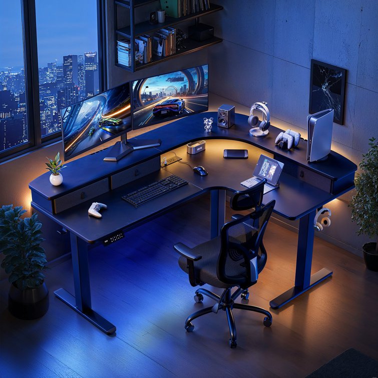 Black Adjustable Height L-Shaped Standing Desk with Drawers and Power Outlet