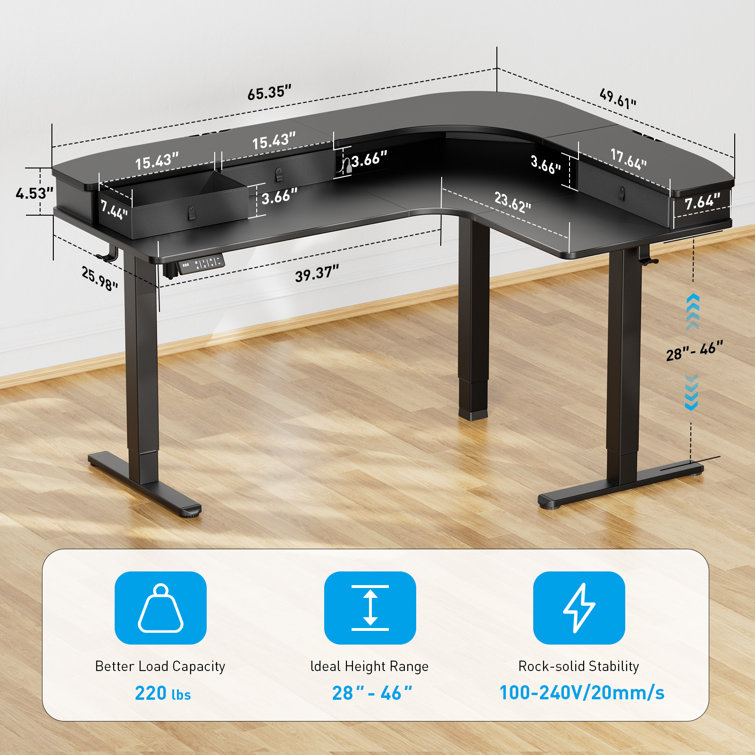 Black Adjustable Height L-Shaped Standing Desk with Drawers and Power Outlet