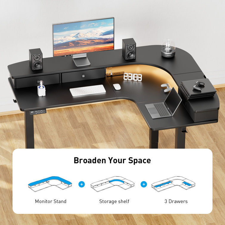 Black Adjustable Height L-Shaped Standing Desk with Drawers and Power Outlet