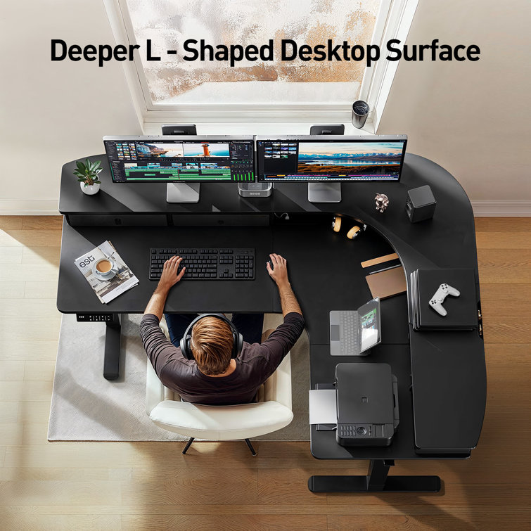 Black Adjustable Height L-Shaped Standing Desk with Drawers and Power Outlet