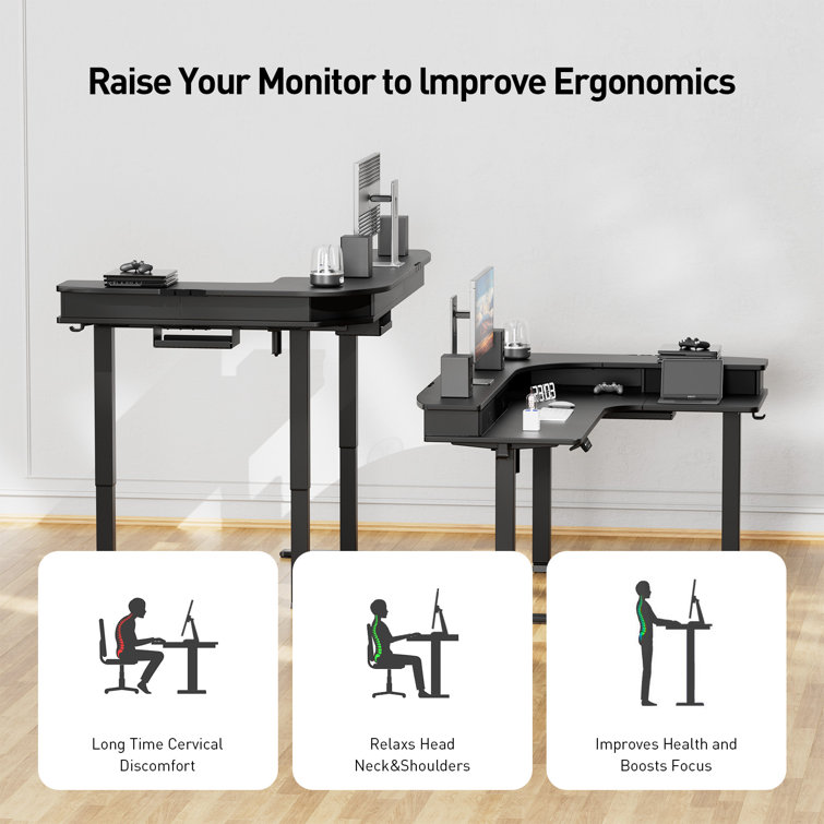 Black Adjustable Height L-Shaped Standing Desk with Drawers and Power Outlet