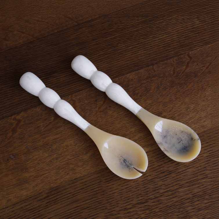 White and Beige Resin Salad Servers with Stainless Steel Accents