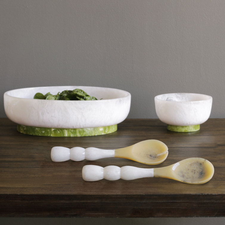 White and Beige Resin Salad Servers with Stainless Steel Accents