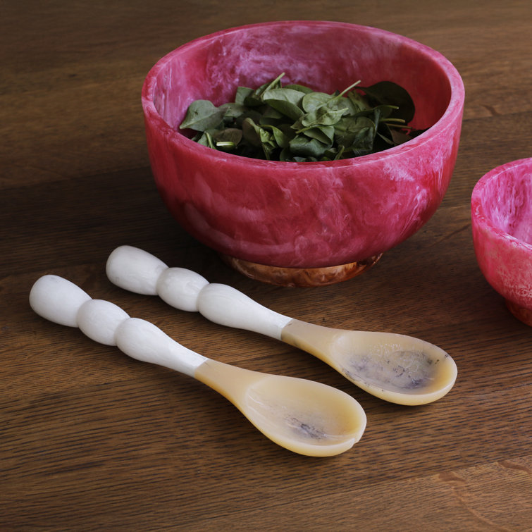 White and Beige Resin Salad Servers with Stainless Steel Accents