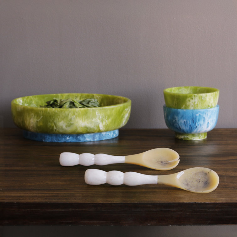 White and Beige Resin Salad Servers with Stainless Steel Accents