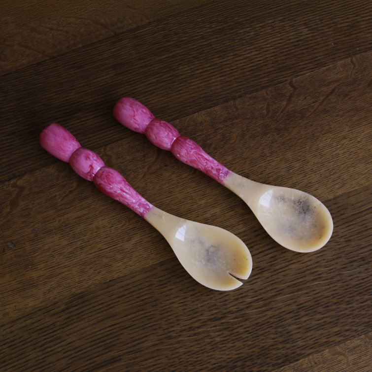 Pink and Beige Resin Salad Servers with Stainless Steel Handles