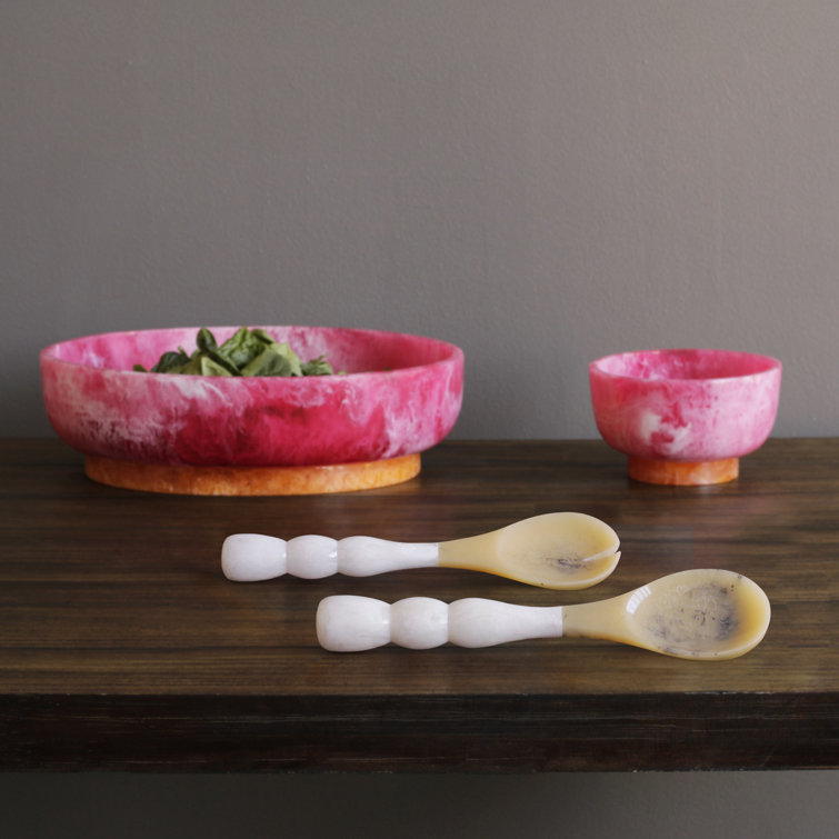 White and Beige Resin Salad Servers with Stainless Steel Accents