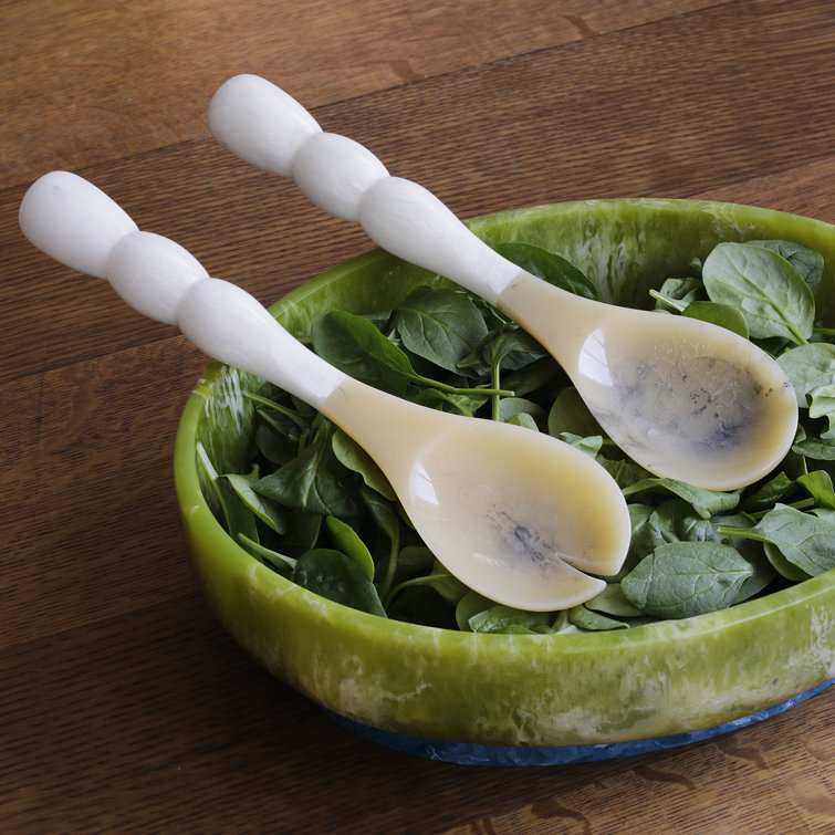 White and Beige Resin Salad Servers with Stainless Steel Accents