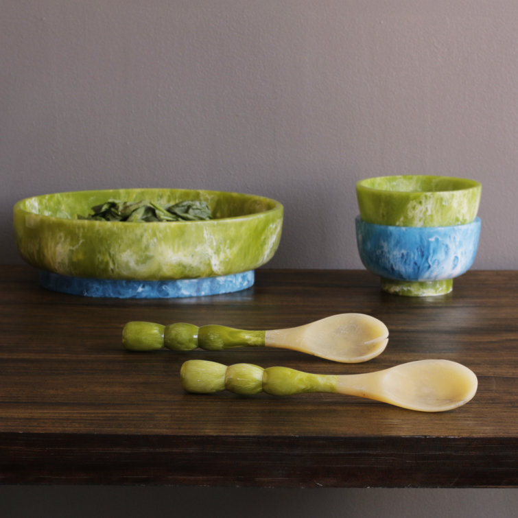 Green and Beige Resin Salad Servers with Stainless Steel Accents