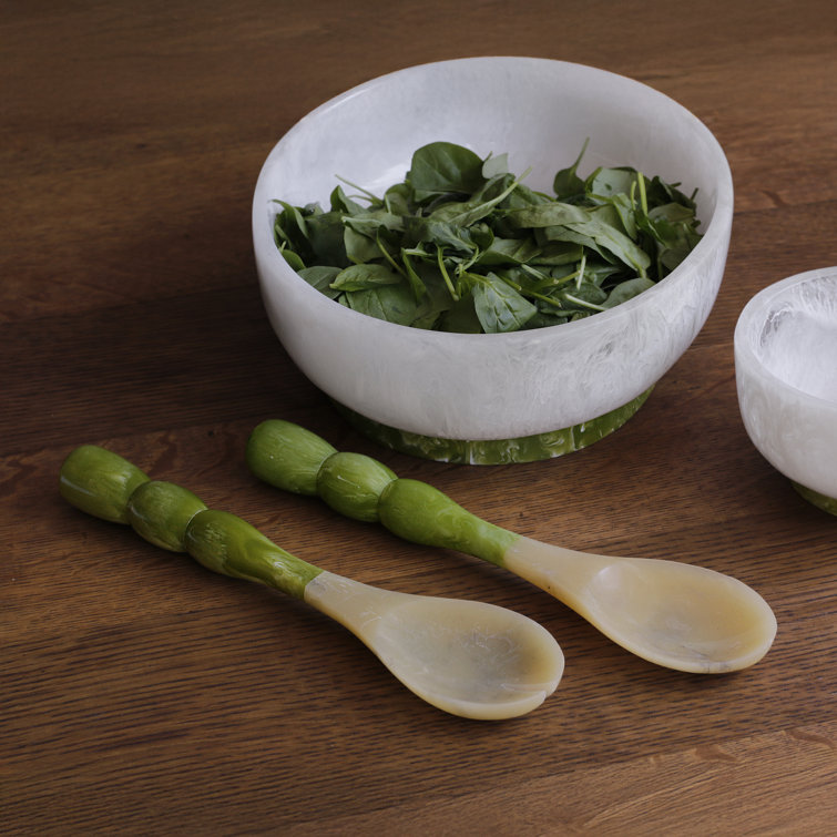 Green and Beige Resin Salad Servers with Stainless Steel Accents
