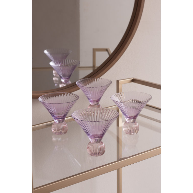 Elegant Violet and Pink Ribbed Glass Martini Set, 6oz, Set of 4