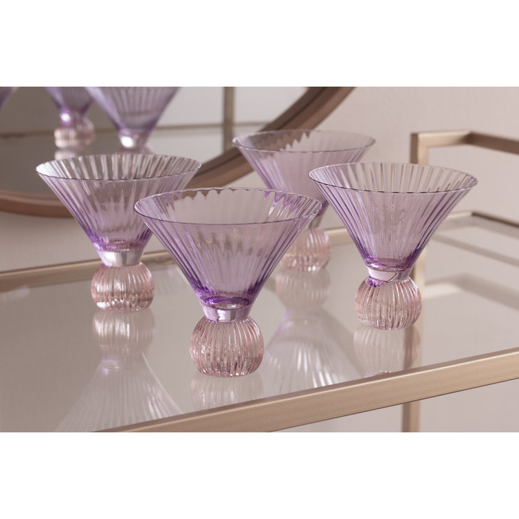 Elegant Violet and Pink Ribbed Glass Martini Set, 6oz, Set of 4