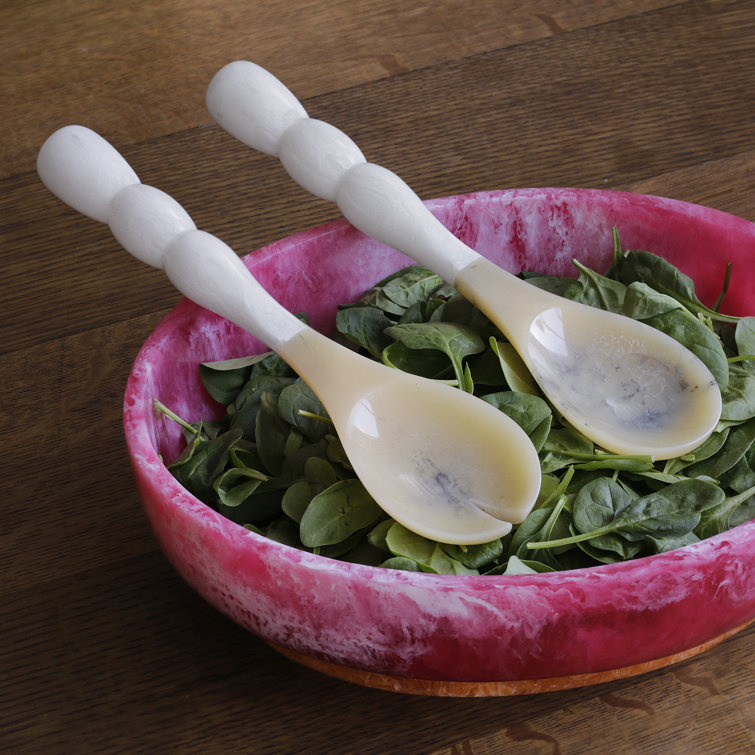 White and Beige Resin Salad Servers with Stainless Steel Accents