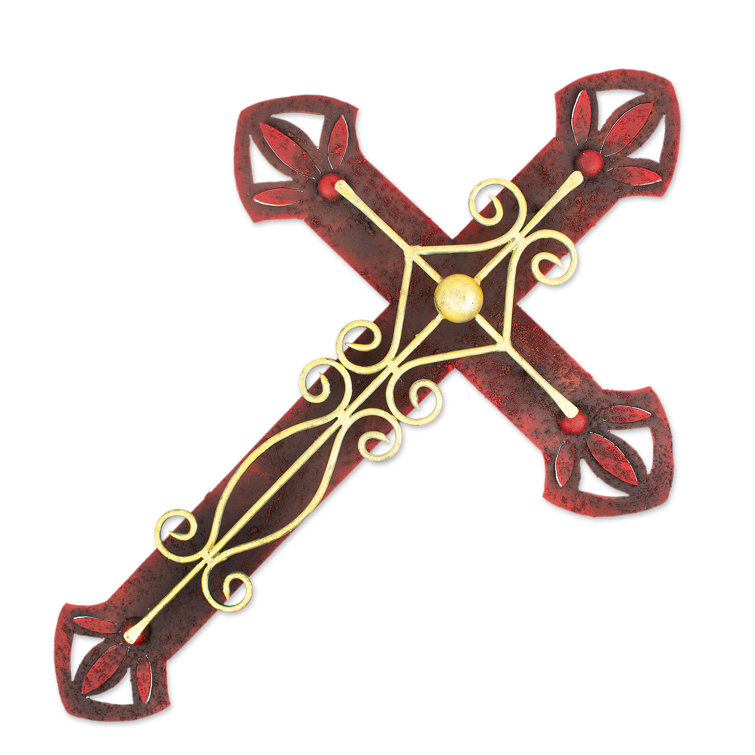 Handcrafted Red and Gold Iron Cross Wall Sculpture