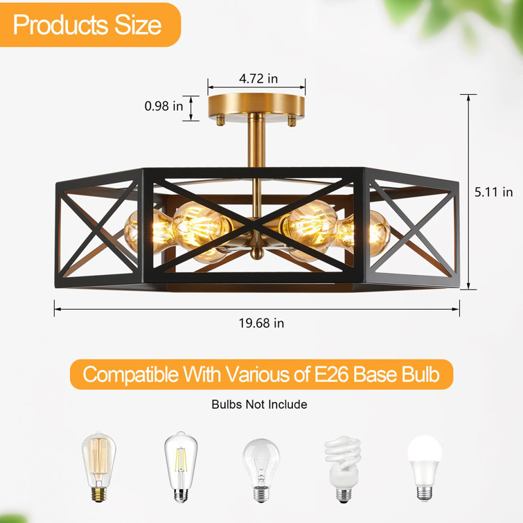 Matte Black and Gold Hexagonal 6-Light Drum Ceiling Fixture