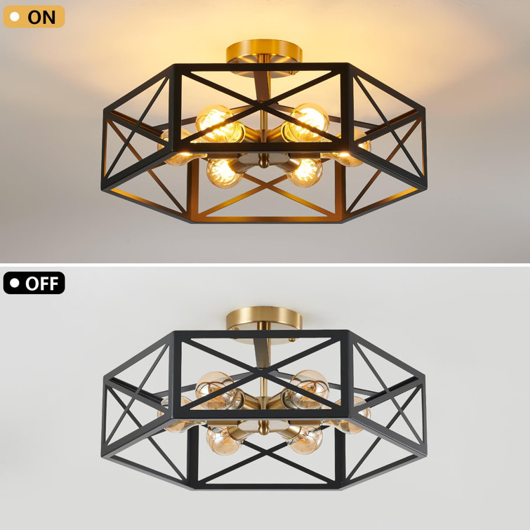 Matte Black and Gold Hexagonal 6-Light Drum Ceiling Fixture