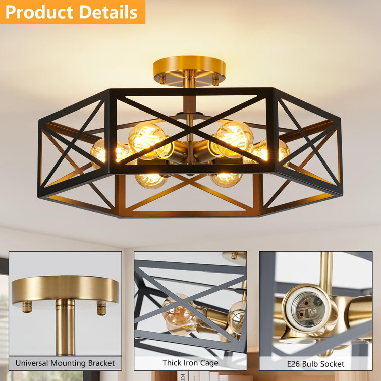 Matte Black and Gold Hexagonal 6-Light Drum Ceiling Fixture