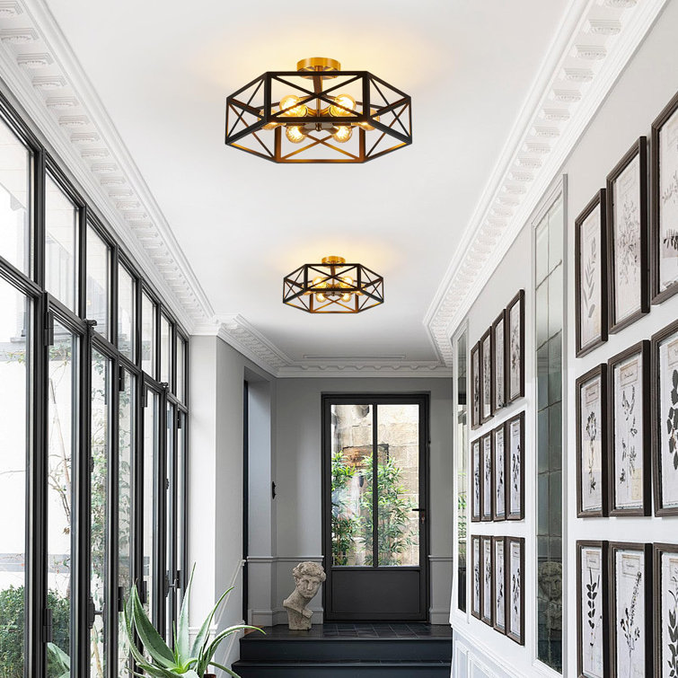 Matte Black and Gold Hexagonal 6-Light Drum Ceiling Fixture