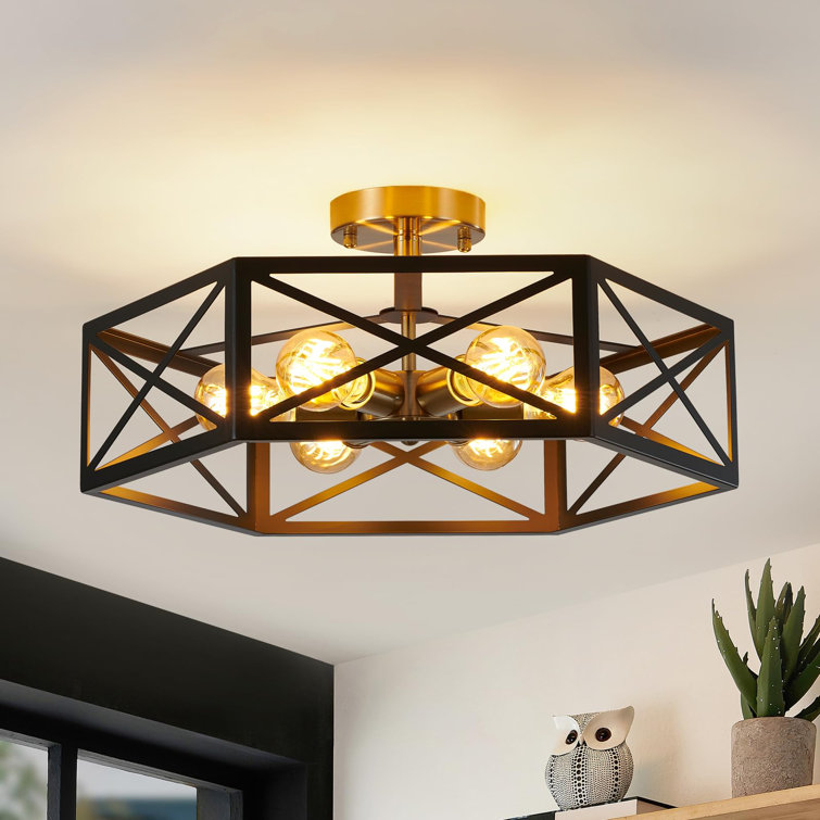 Matte Black and Gold Hexagonal 6-Light Drum Ceiling Fixture